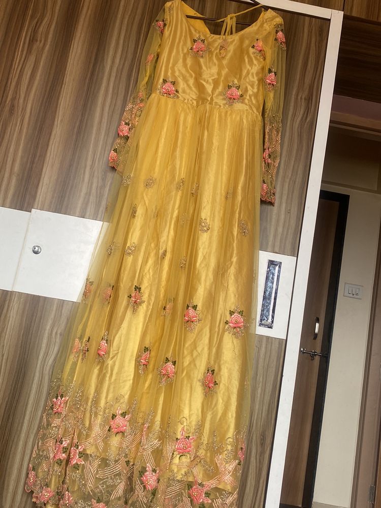 Yellow Colour Net Gown Full Slvees