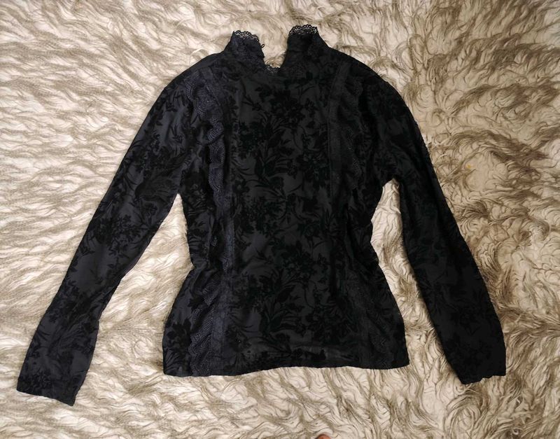 Unisex BlackSheer Velvet Detail Ruffle Vintage Top