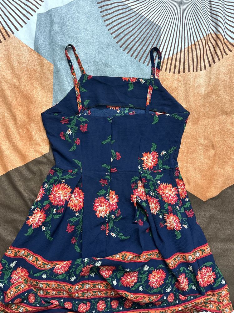 Navy Blue Floral Printed Mini Dress