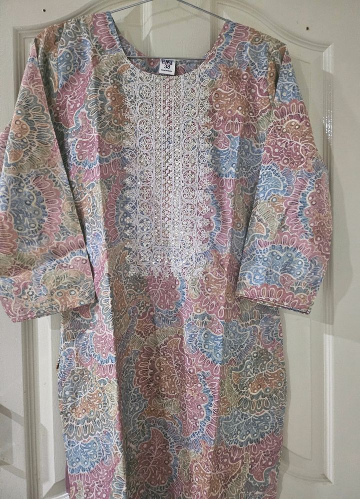 Cotton Kurta With Yoke Embroidery And Sequin Work