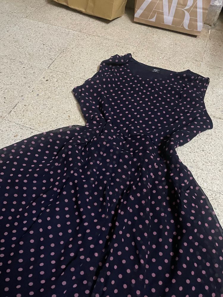 Max Collection- Pink Polka Dots Navy Blue Dress