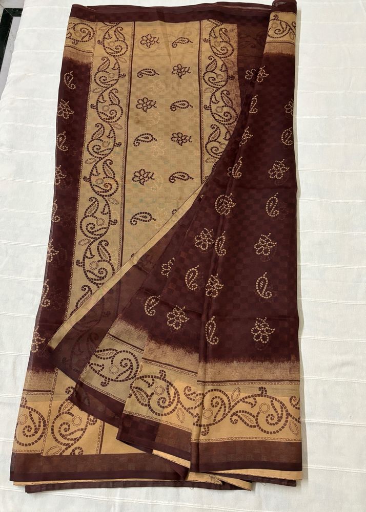 Dark Brown Cotton Saree with Blouse