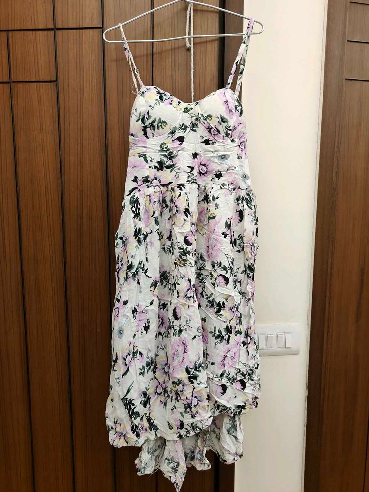 Floral Printed Shoulder Strap A-line Cotton Dress