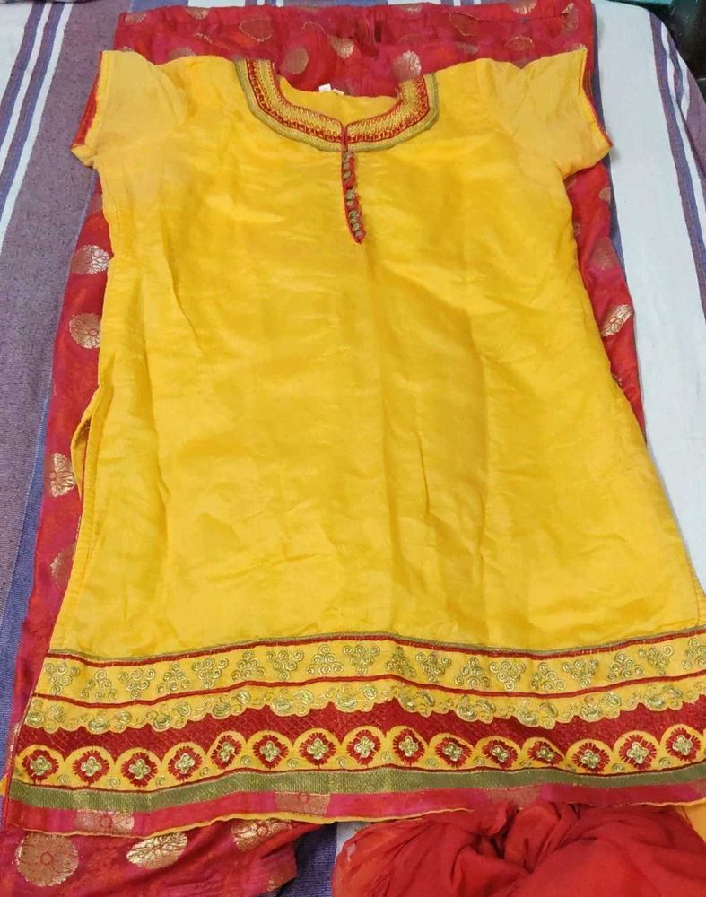 Mustard Yellow Red Bottom Punjabi Suit