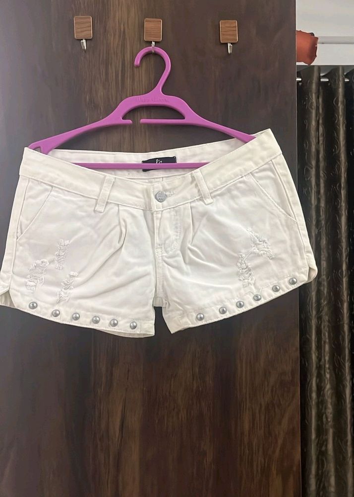 White Embellished Ribbed Shorts