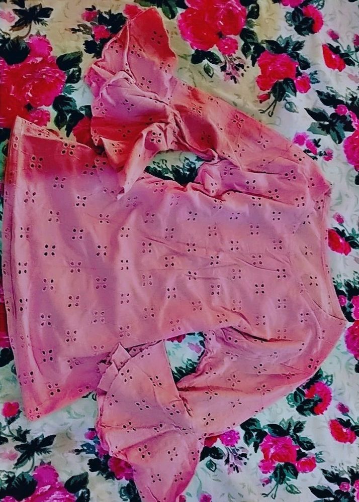 Baby Pink Dotted Crop Floral Sleeves Top