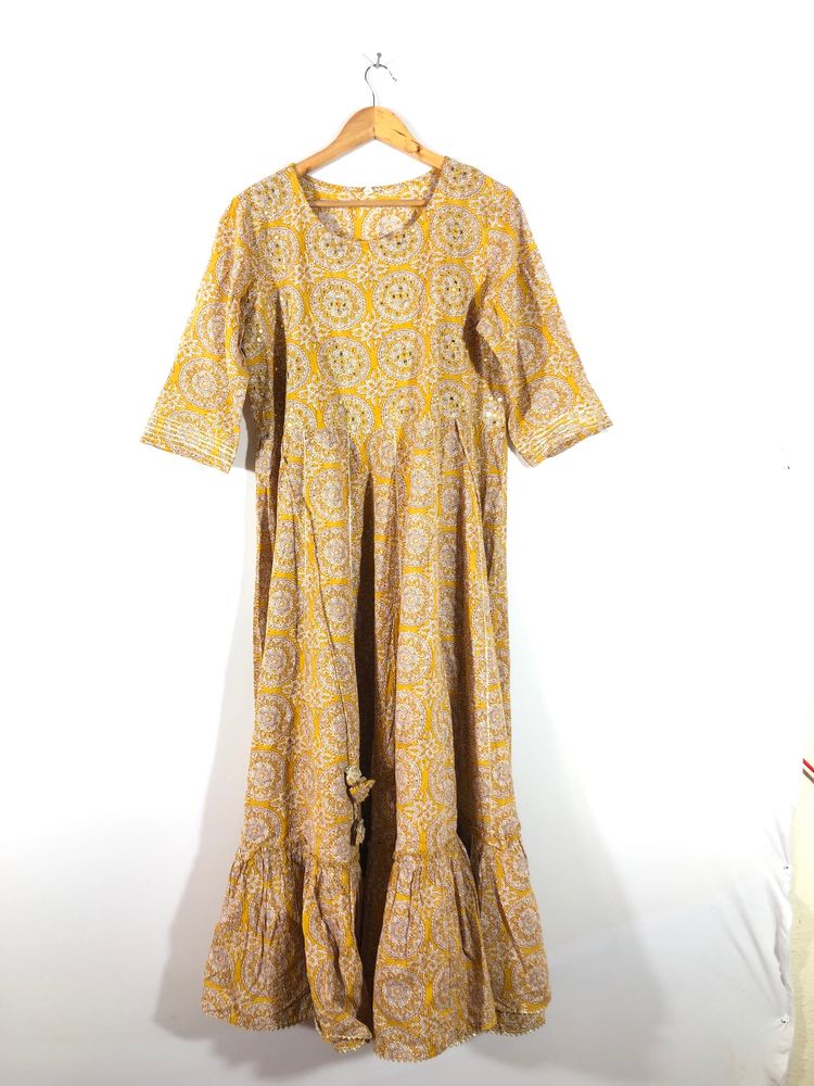 Mustard Yellow Printed Long Flared Kurta