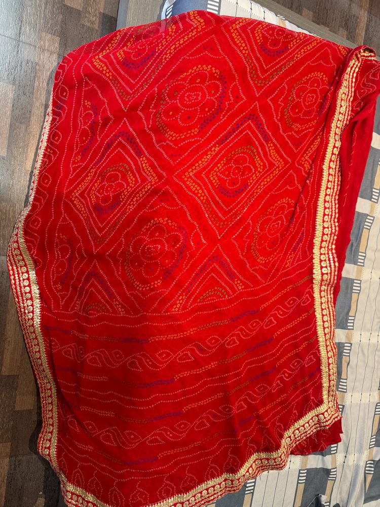 Tomato Red Bandhani Sari With gota Patti Border