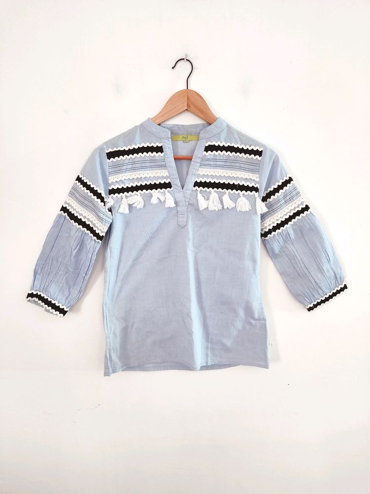 Noi Light Blue Embroidered Casual Top (Women)