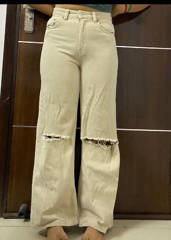 Bershka Beige Wide Leg Denim