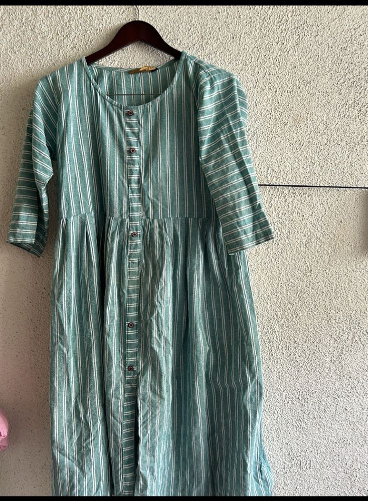 Green And White Strip Long Kurti With Button