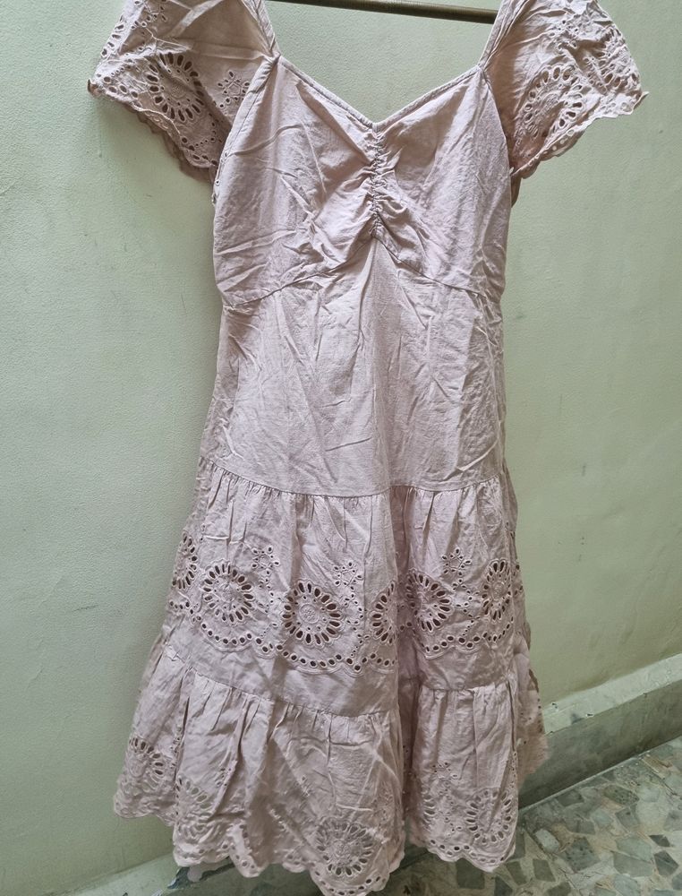 Korean Peach Cotton Schiffli Dress