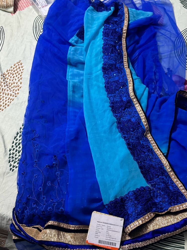 Blue And Cyan Color Saree With Embroidery