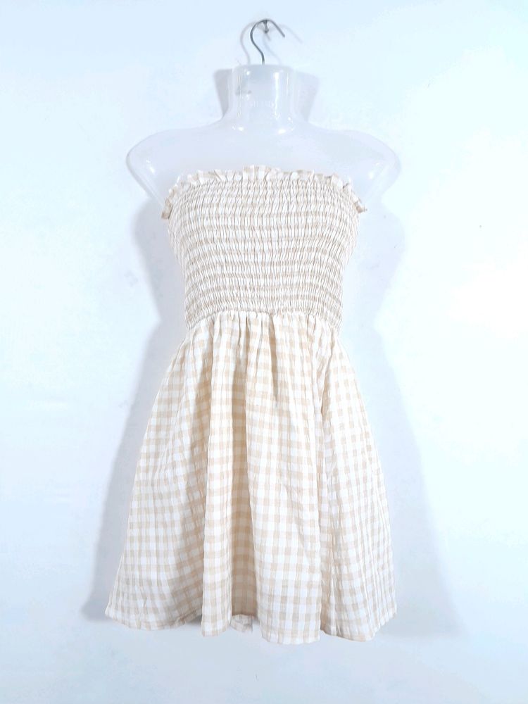 Beige and White Smocked Dress