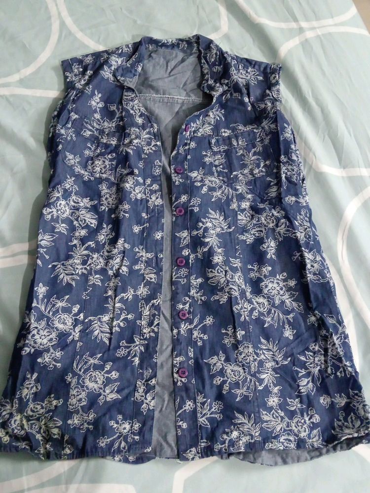 Floral Blue Sleeveless Shirt For Girls