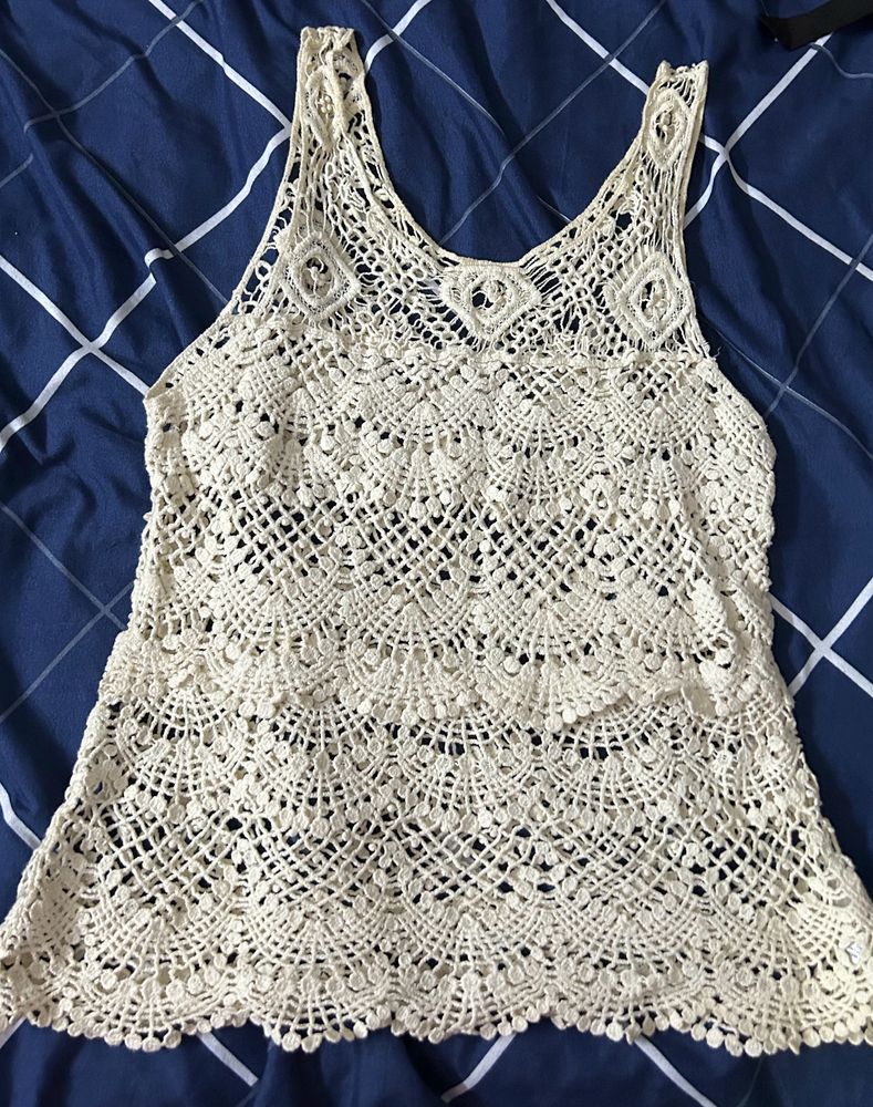 White Crochet Top- Fits Bust 34- Good Condition