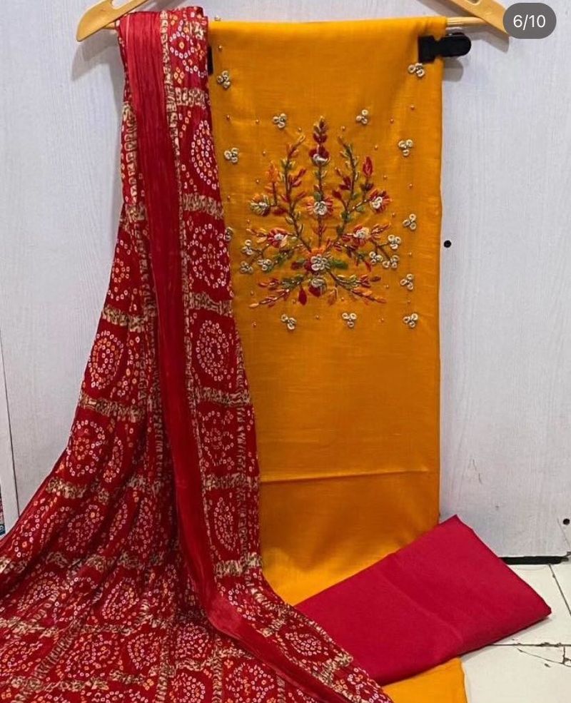 Cotton Dress Material With Silk Bandhej Dupatta