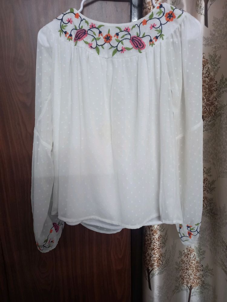 Floral Embroidered Boat Neck Top