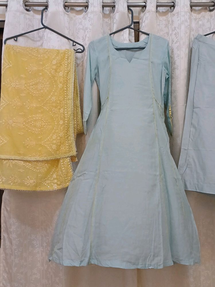 Sky Blue Set With Yellow Dupatta