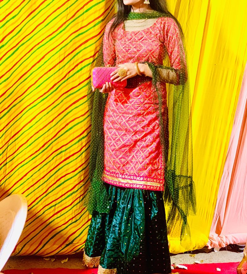 Heavy Peach Kurta With Green Ghrara&Ruffle Dupatta