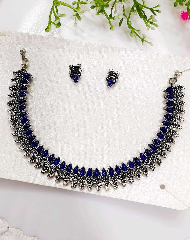 Blue Oxidised Choker Set