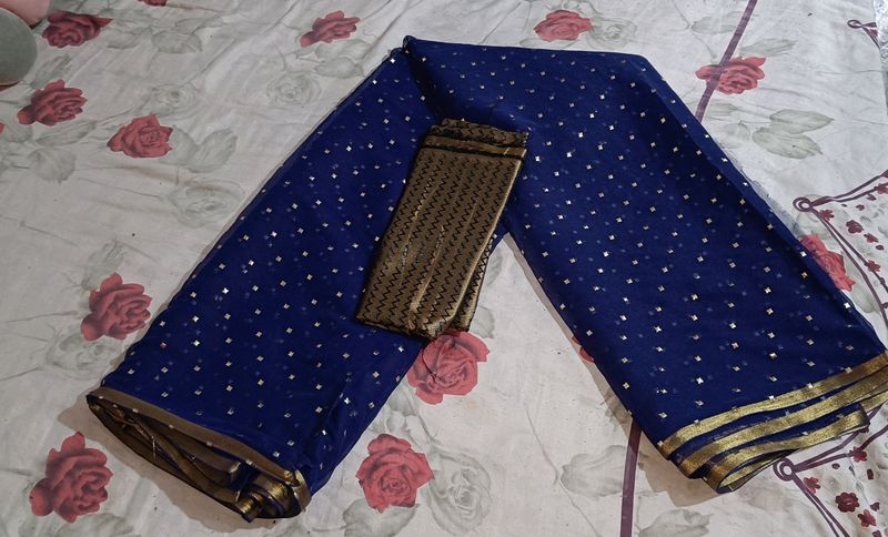 New Navy Blue Saree With 1m Blouse Piece