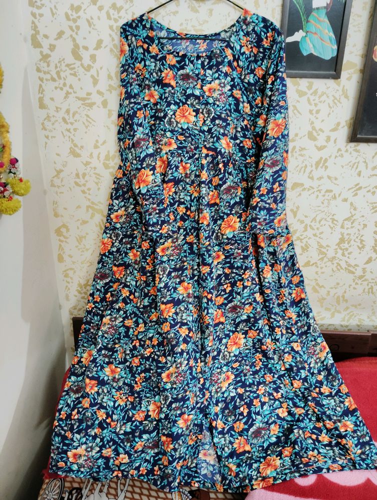 Women's Floral and Solid Front Slit A-Line Dress