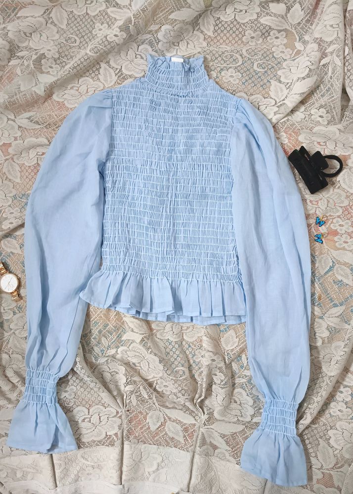 🧿Light Blue Turtle Neck Top With Flare Sleev