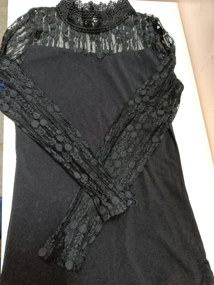 Black Party Top With Lace High Neck