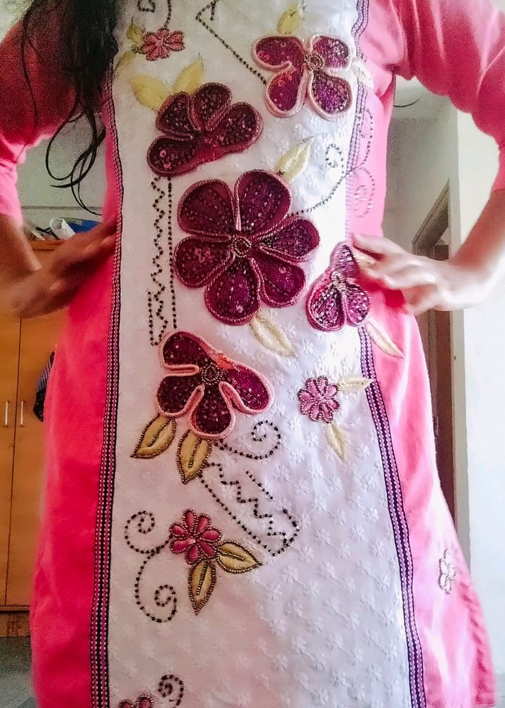 Heavy Embroidery Pink Kurti