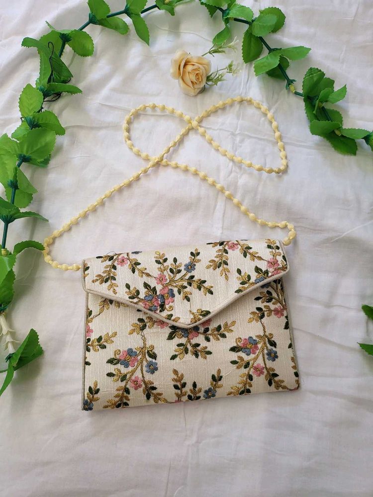 White Sling Purse With Embroidery