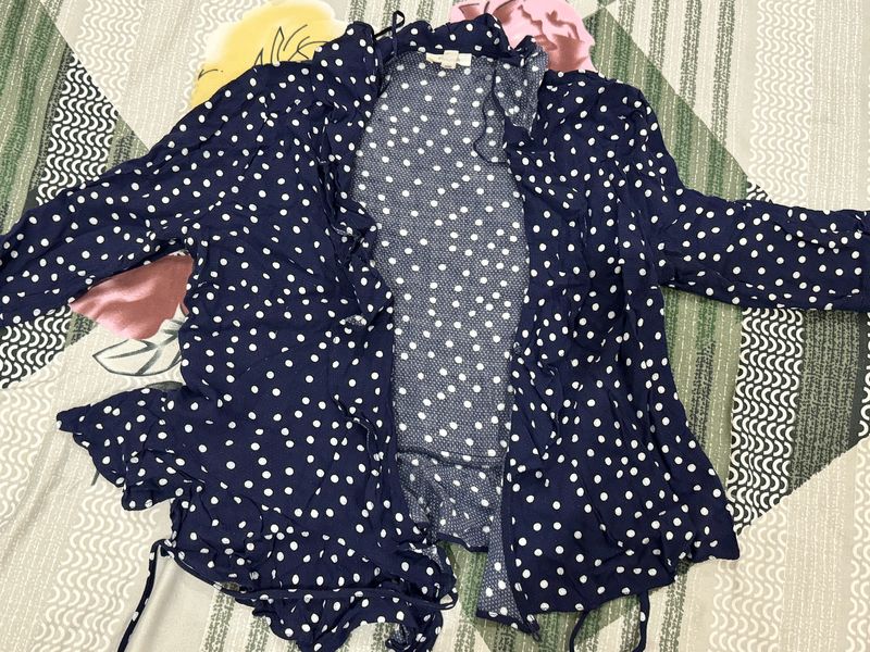 Wrap Top Blue Polka Dots..