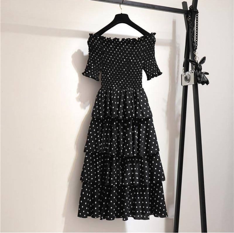 Korean Polka Dot Black Flared Dress