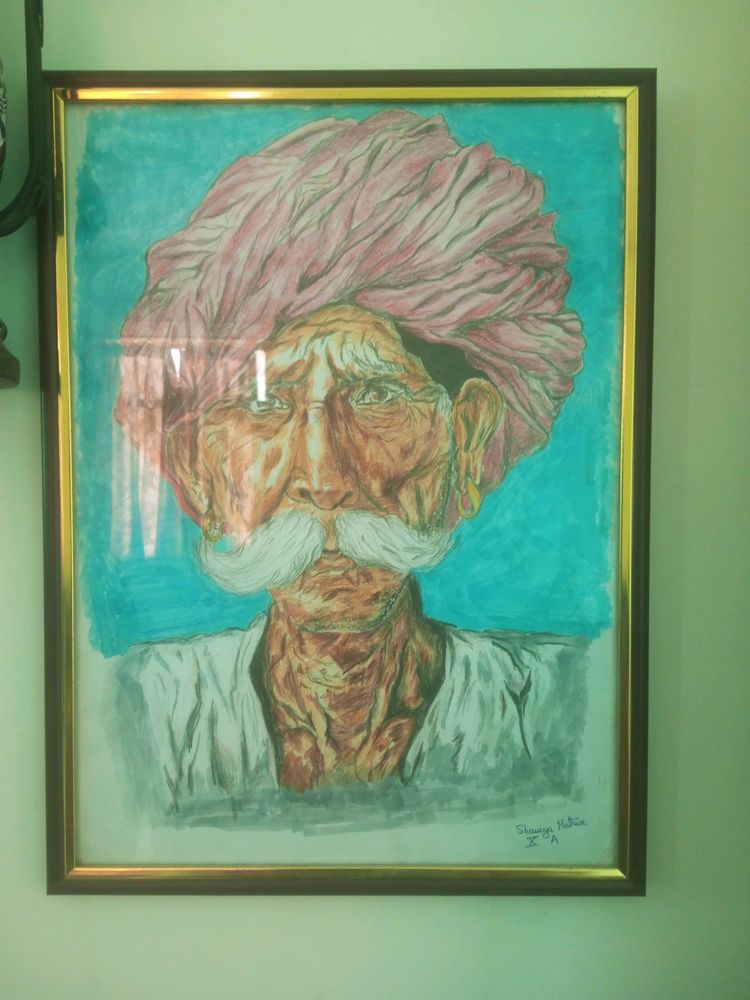 Handmade Framed Drawing Village Man