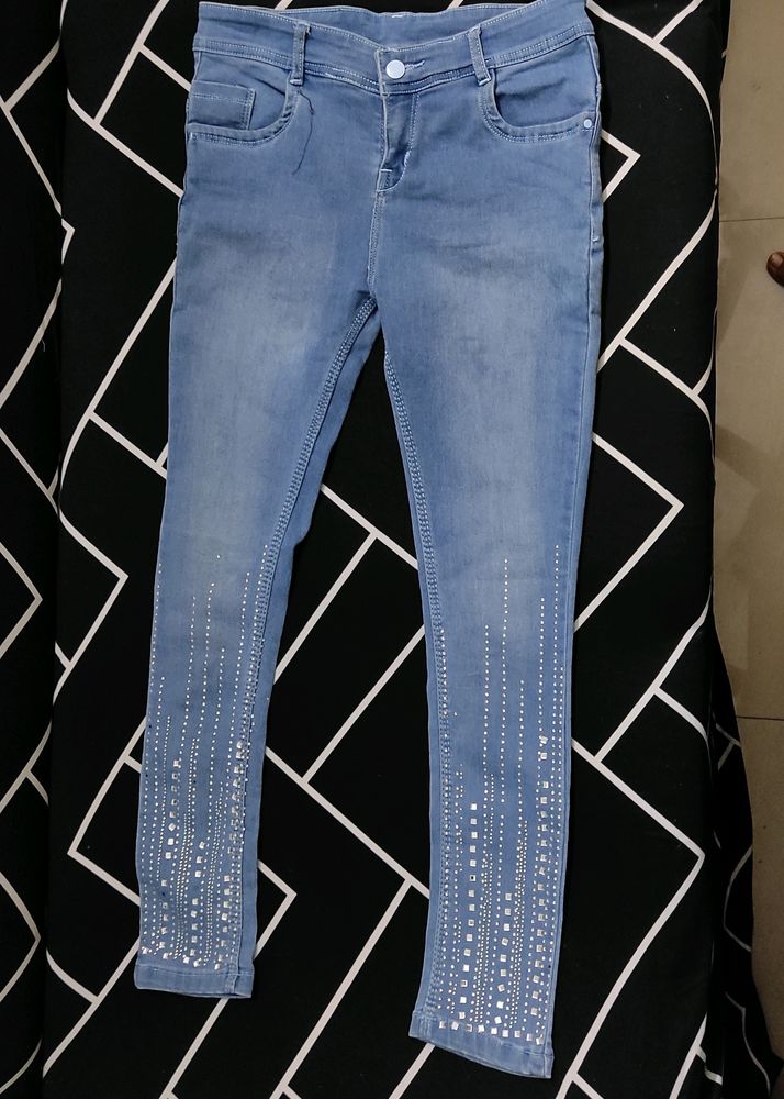 Light Blue Denim Jeans with Stone Work (Size - 30)