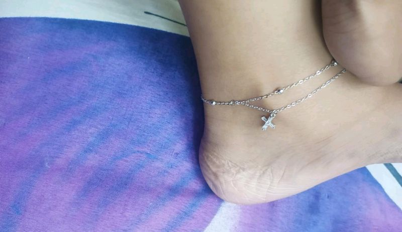 Cross Double Circle Silver Anklet One Piece