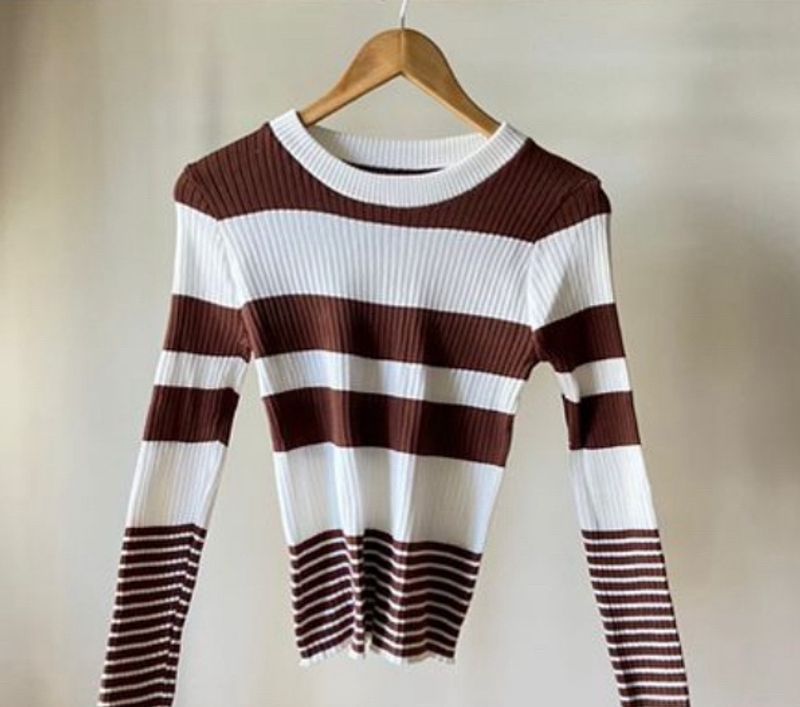 Brown and White Striped Sweater Top