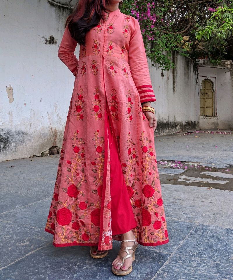 Embossed Floral Work Anarkali Kurti