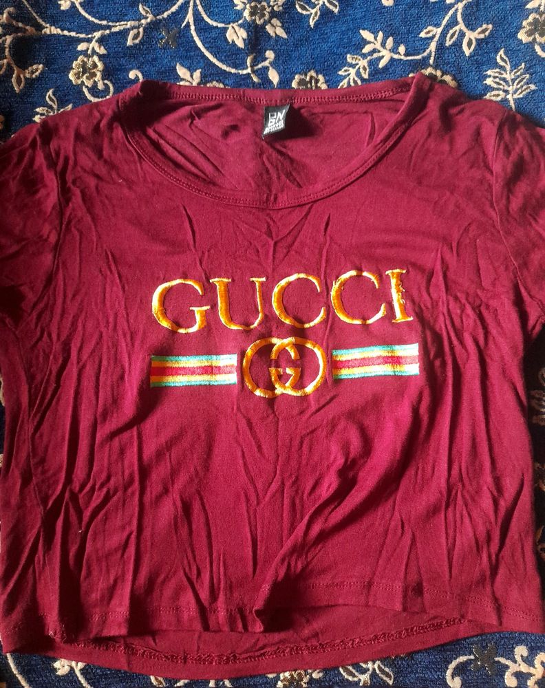 Gucci Maroon Fitted Crop Top Girl's Women Xs Tee