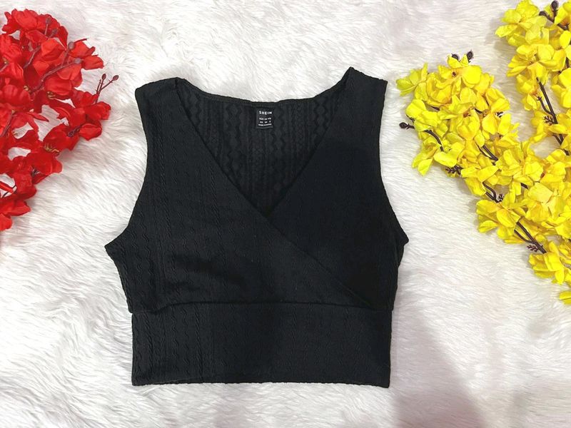 Shein embroidered charcoal black crop top