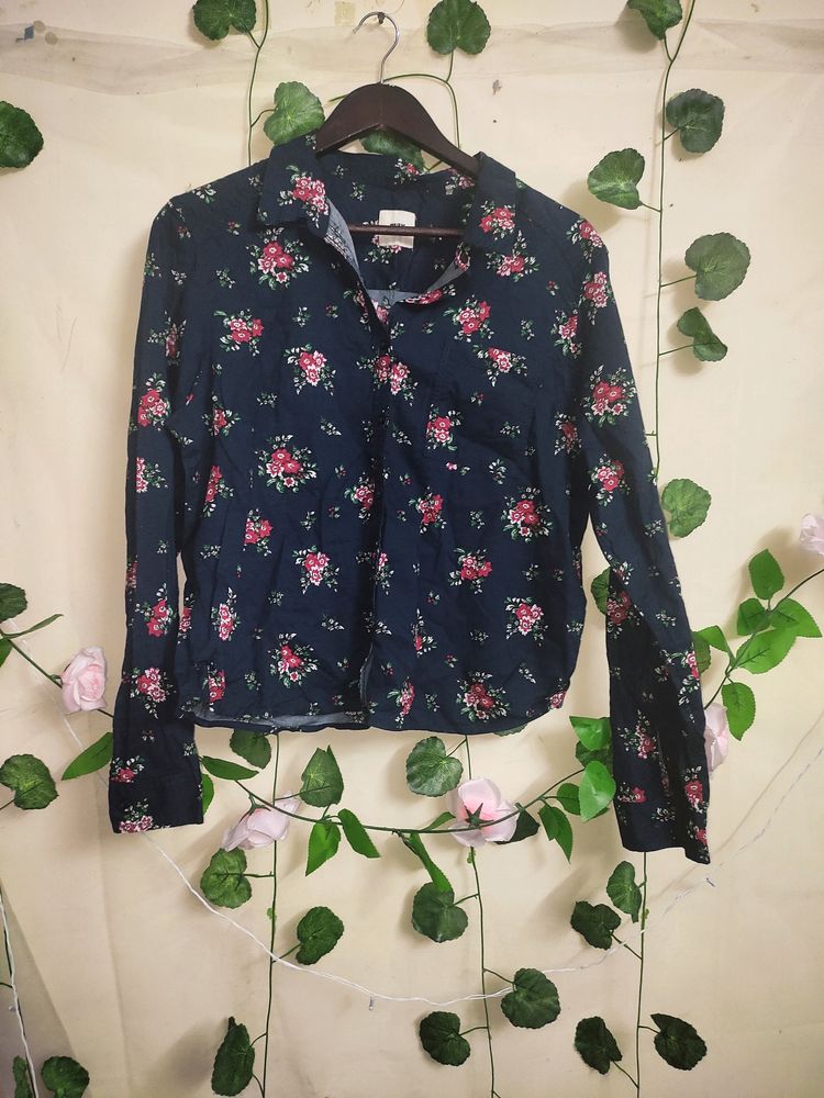 Floral Print Navy Blue Shirt For Office Wear.