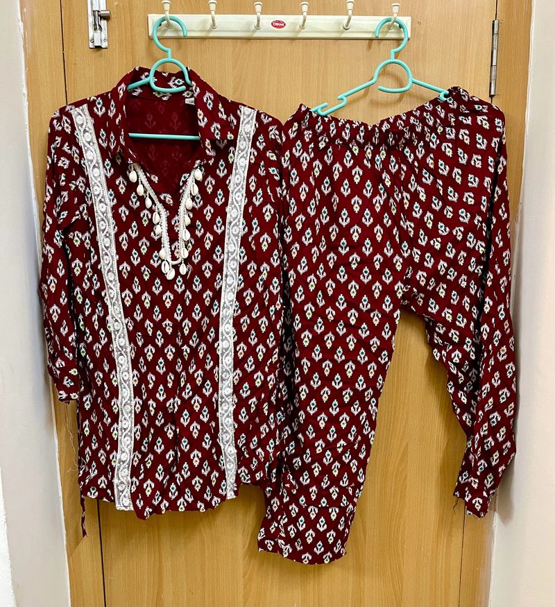 Maroon Co Ord Set Shell Work At Neck