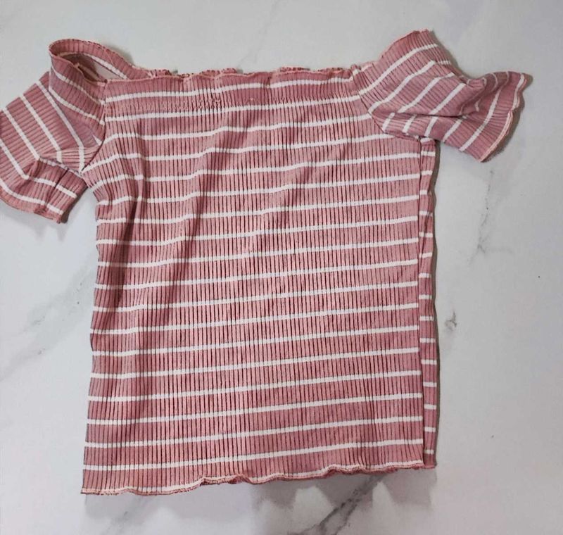 Off Shoulder Stretchable Striped Pink Crop Top