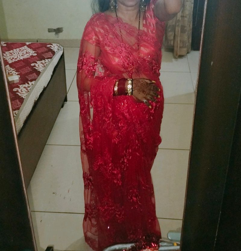 Red Net Saree