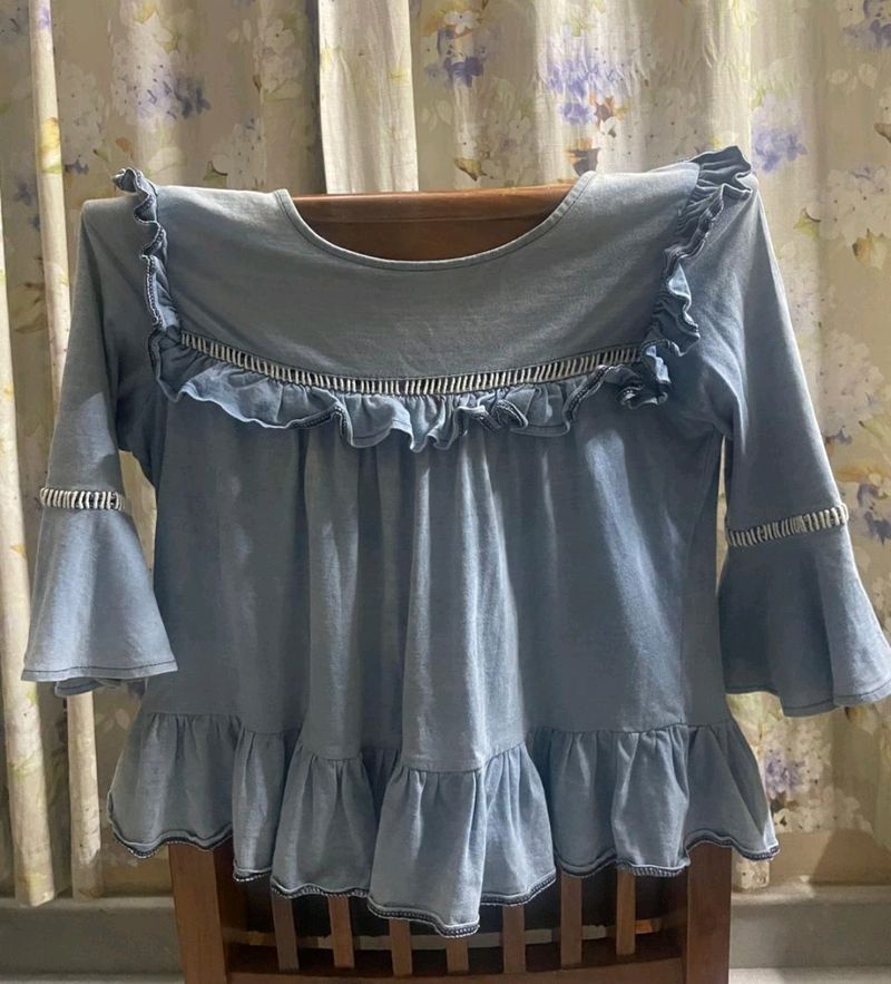 Stylish Blue Ruffle Top with Bell Sleeves