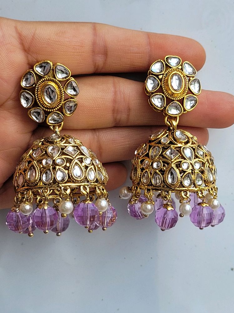 Lavender Kundan Jhumka Set