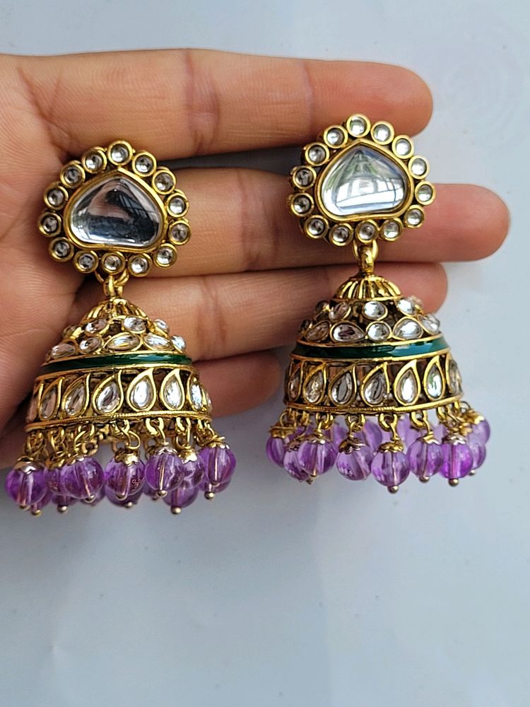 Lavender Kundan Jhumka Set