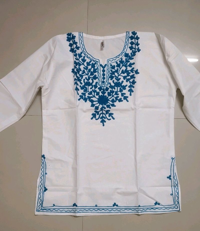 White With Blue Lucknowi Short Kurti