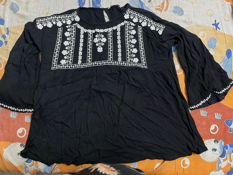 Black Color Flared Top With Embriodery