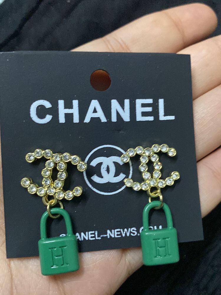 CHANEL GREEN LOCK EARRINGS